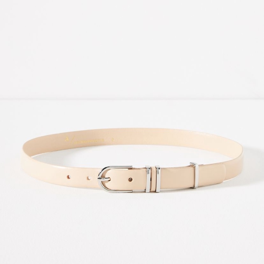 Anthropologie Nude Leather Slim Belt with Silver Buckle